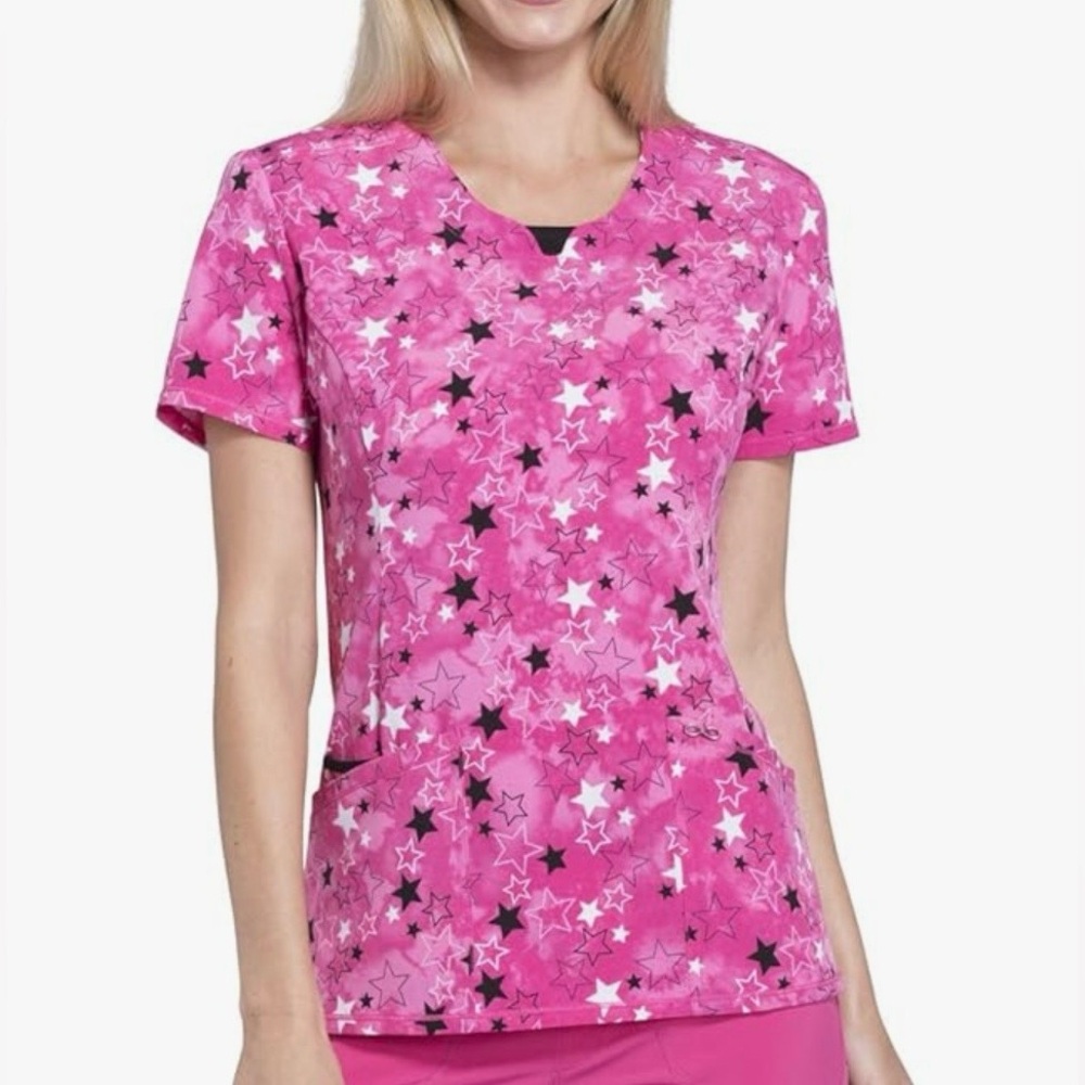 Cherokee Infinity Pink Star Print Scrub Top
